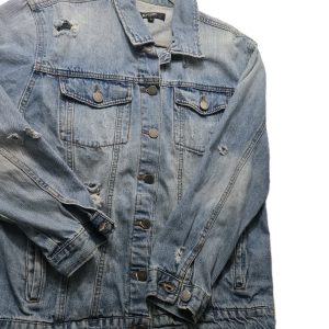 Black Label Distressed Denim Jacket Light Blue Wash Casual Streetwear Size L