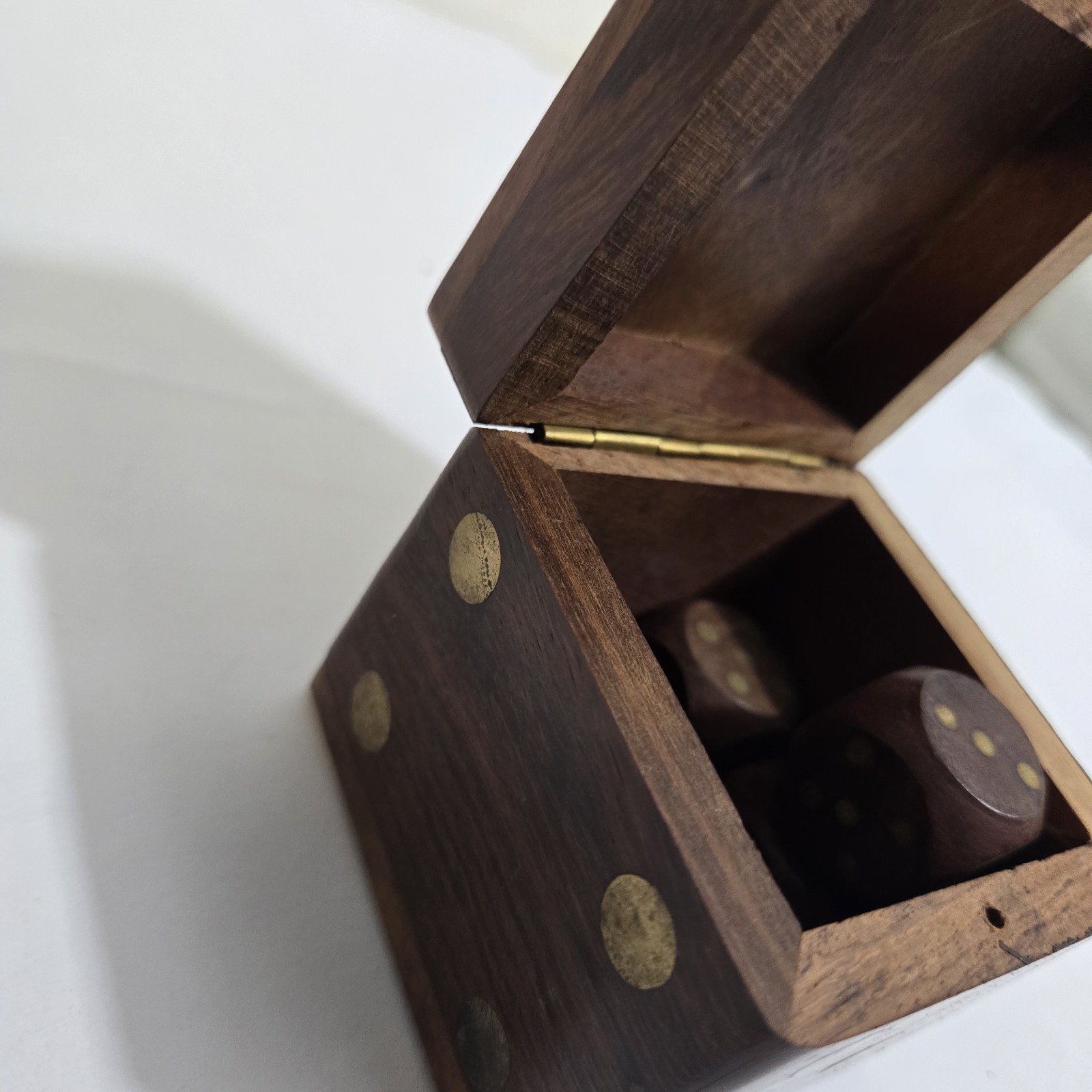 img_1771443735586_3-1.jpeg Wooden Dice Box With 5 Dice Brass Inlayed Brass Dots Handmade Game Storage Decor - Image 4