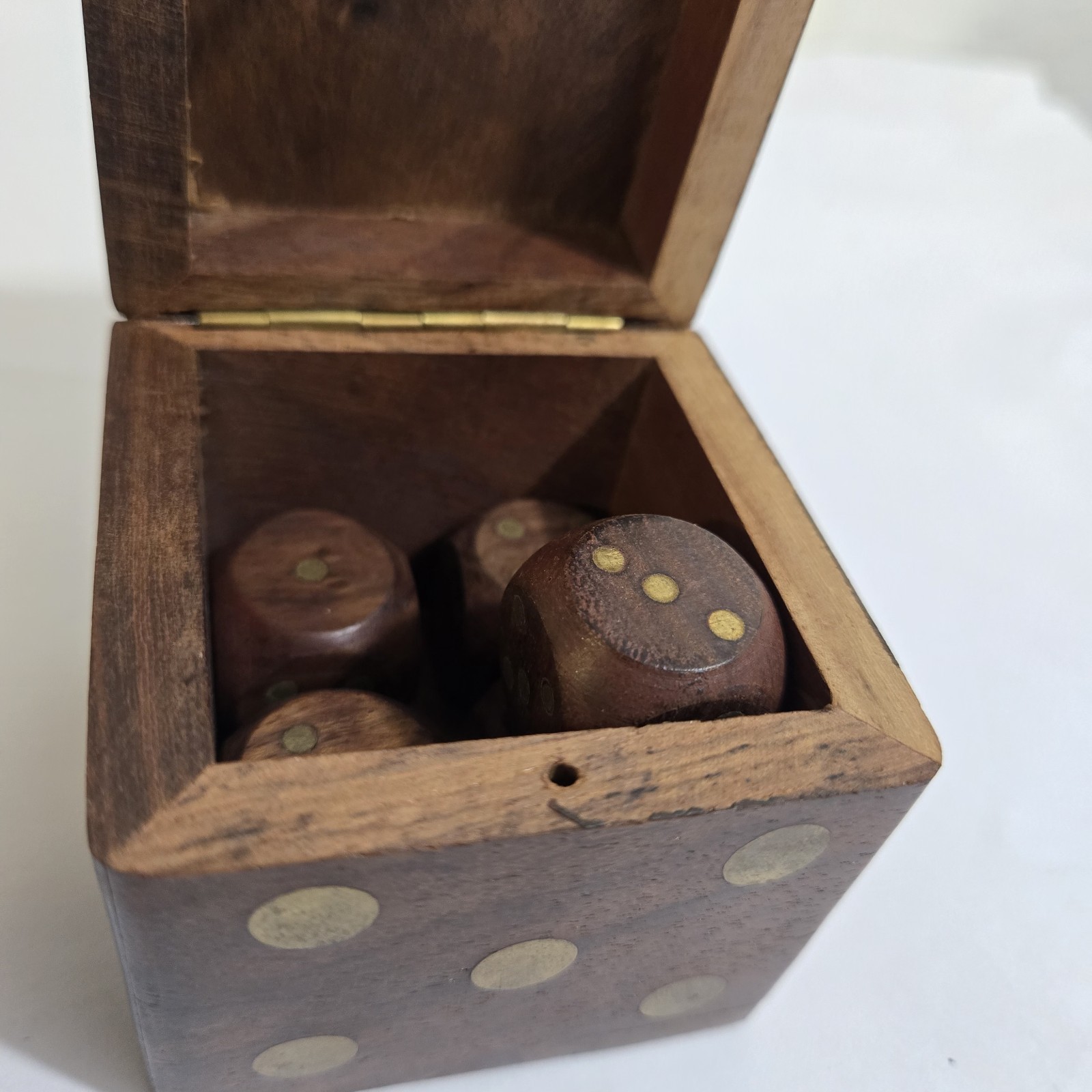 img_1771443738224_4-1.jpeg Wooden Dice Box With 5 Dice Brass Inlayed Brass Dots Handmade Game Storage Decor - Image 5
