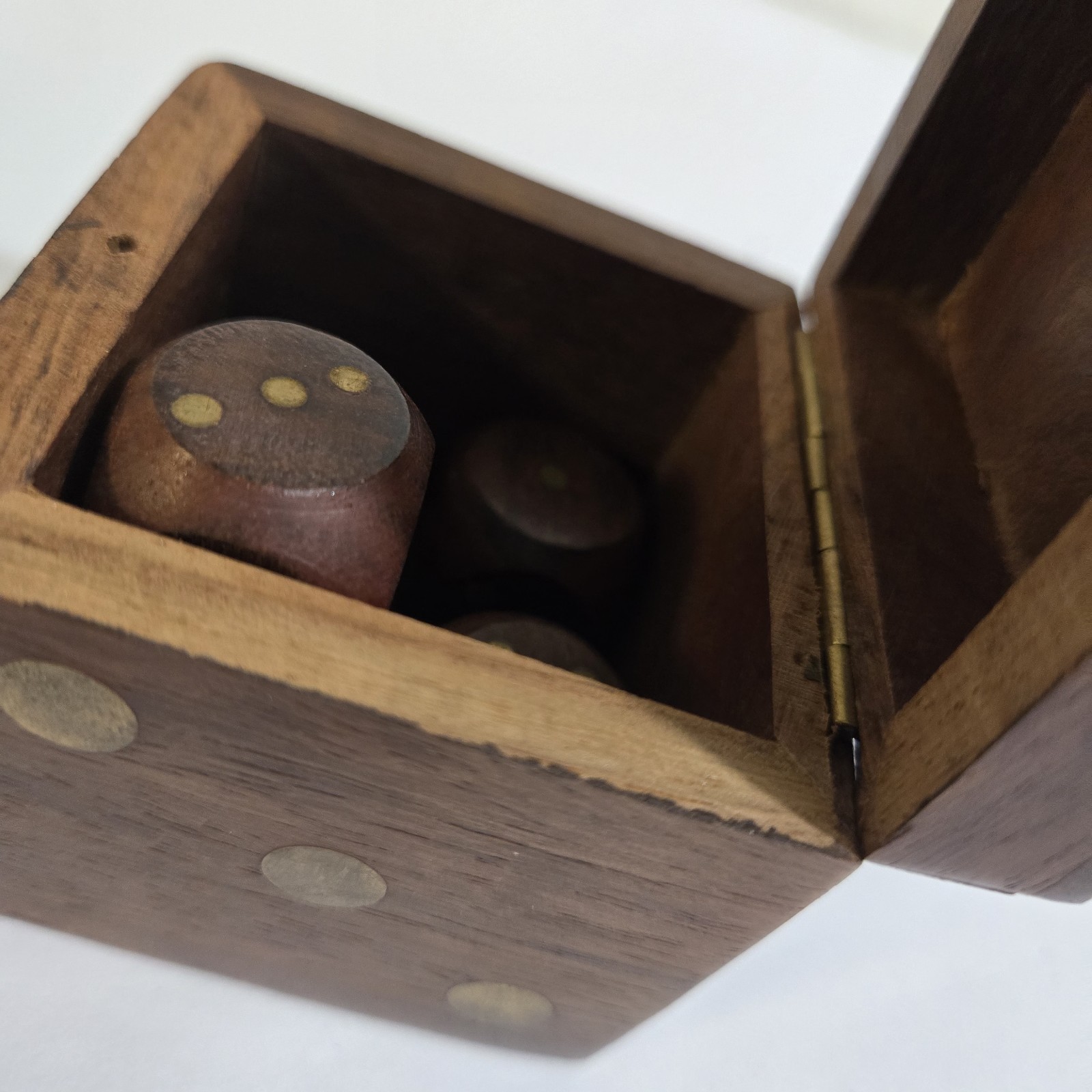 img_1771443740786_5-1.jpeg Wooden Dice Box With 5 Dice Brass Inlayed Brass Dots Handmade Game Storage Decor - Image 6