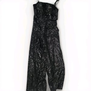 Fancy Black Sequin 2 Piece Set Tube Top 3D Flower Wide Leg Pants M